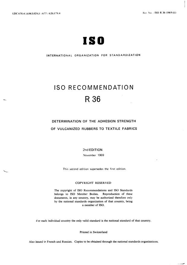 ISO/R 36:1969 - Determination of the adhesion strength of vulcanized rubbers to textile fabrics