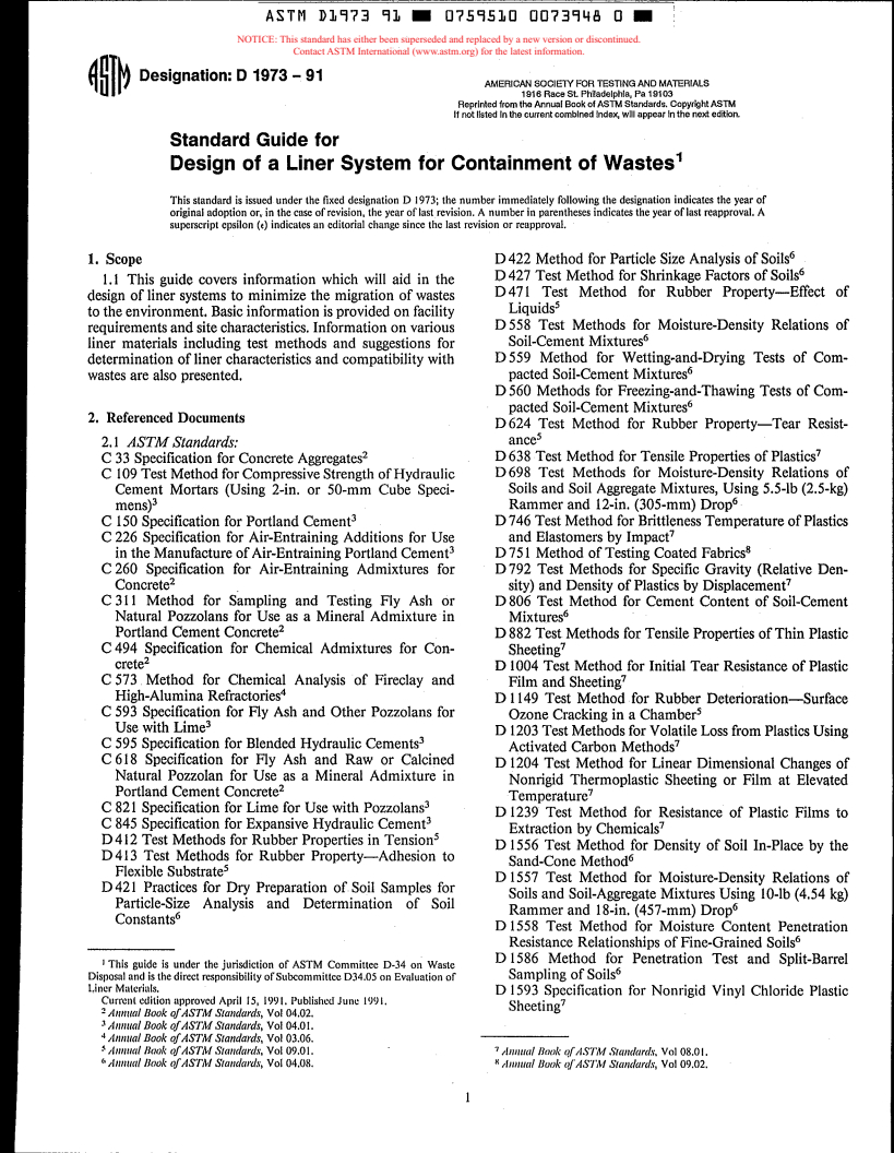 ASTM D1973-91 - Standard Guide for Design of a Liner System for Containment of Wastes (Withdrawn 2000)