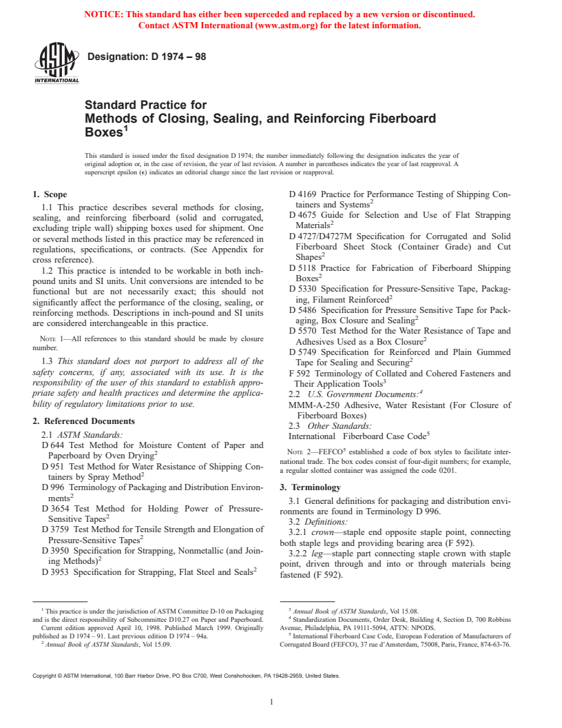 ASTM D1974-98 - Standard Practice for Methods of Closing, Sealing, and Reinforcing Fiberboard Boxes