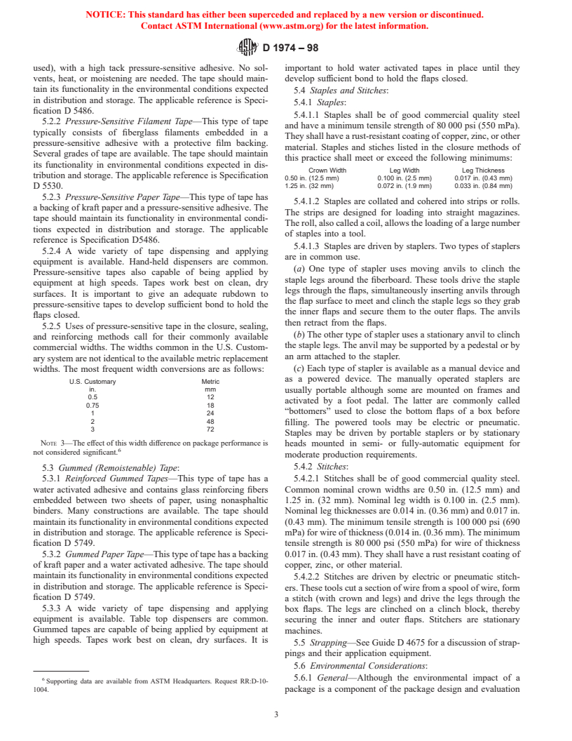 ASTM D1974-98 - Standard Practice for Methods of Closing, Sealing, and Reinforcing Fiberboard Boxes