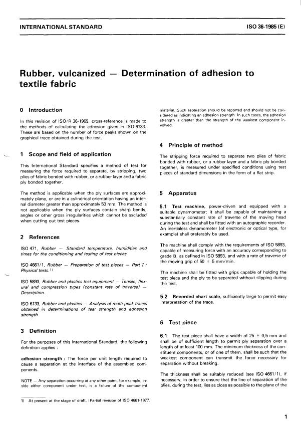 ISO 36:1985 - Rubber, vulcanized -- Determination of adhesion to textile fabric