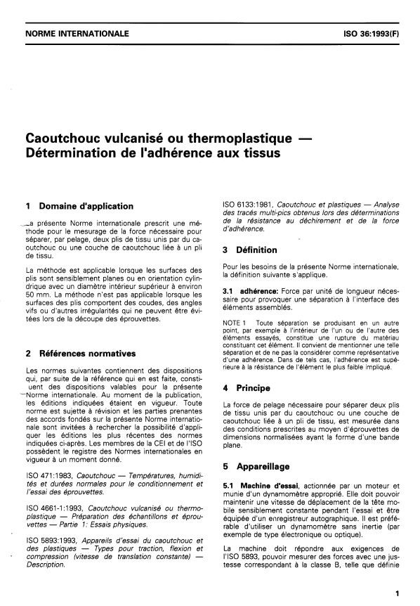 ISO 36:1993 - Caoutchouc vulcanisé ou thermoplastique -- Détermination de l'adhérence aux tissus