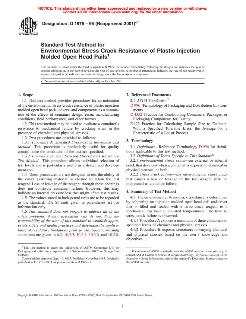 ASTM D1975-95(2001)e1 - Standard Test Method for Environmental Stress Crack Resistance of Plastic Injection Molded Open Head Pails