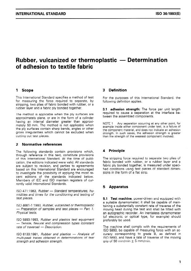 ISO 36:1993 - Rubber, vulcanized or thermoplastic -- Determination of adhesion to textile fabric