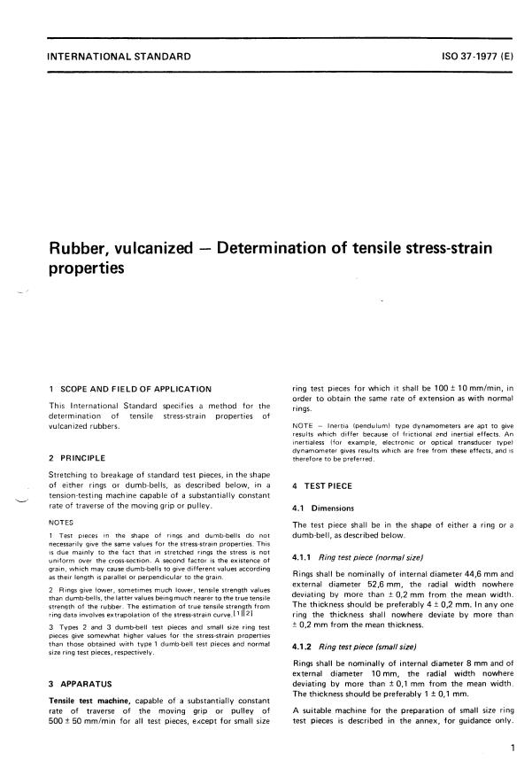 ISO 37:1977 - Rubber, vulcanized -- Determination of tensile stress-strain properties