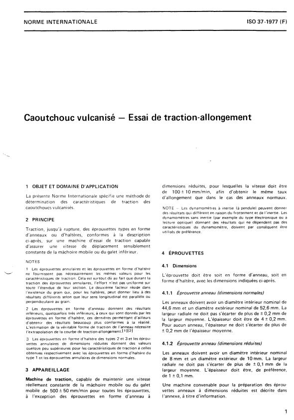 ISO 37:1977 - Caoutchouc vulcanisé -- Essai de traction-allongement