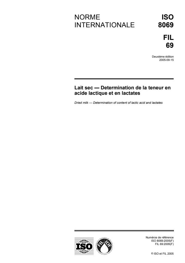 ISO 8069:2005 - Lait sec -- Determination de la teneur en acide lactique et en lactates