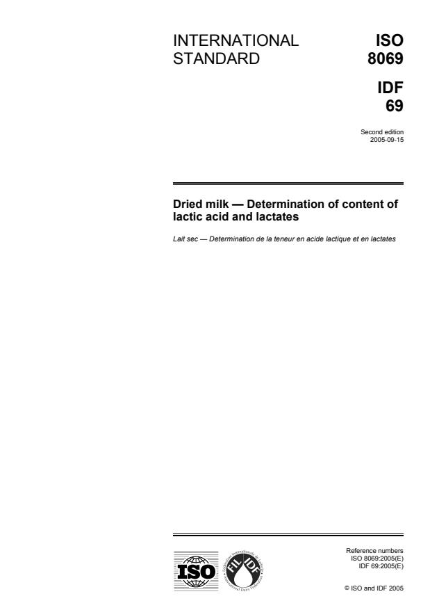 ISO 8069:2005 - Dried milk -- Determination of content of lactic acid and lactates