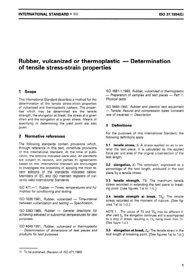 ISO 37:1994 - Rubber, vulcanized or thermoplastic -- Determination of tensile stress-strain properties