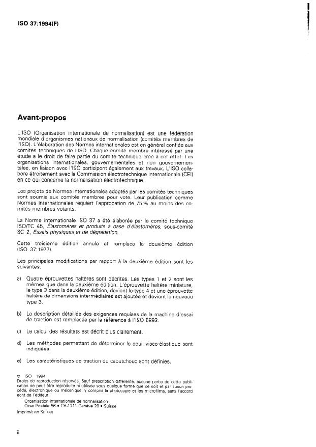 ISO 37:1994 ISO 37:1994 - Caoutchouc vulcanisé ou thermoplastique -- Détermination des caractéristiques de contrainte-déformation en traction - Page 2 preview