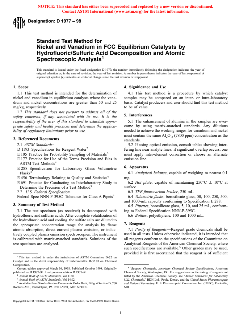 ASTM D1977-98 - Standard Test Method for Nickel and Vanadium in FCC Equilibrium Catalysts by Hydrofluoric/Sulfuric Acid Decomposition and Atomic Spectroscopic Analysis