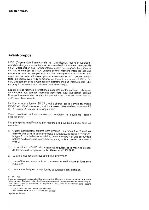 ISO 37:1994 ISO 37:1994 - Caoutchouc vulcanisé ou thermoplastique -- Détermination des caractéristiques de contrainte-déformation en traction - Page 2 preview