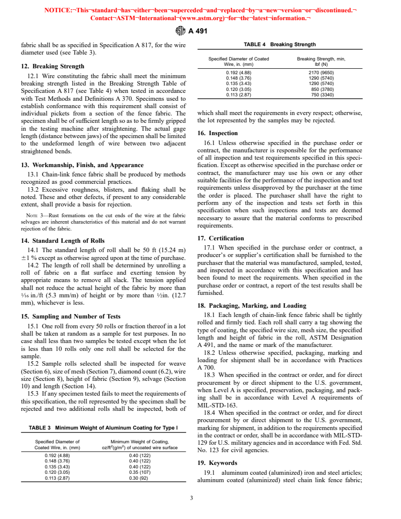 ASTM A491-96 - Standard Specification for Aluminum-Coated Steel Chain-Link Fence Fabric