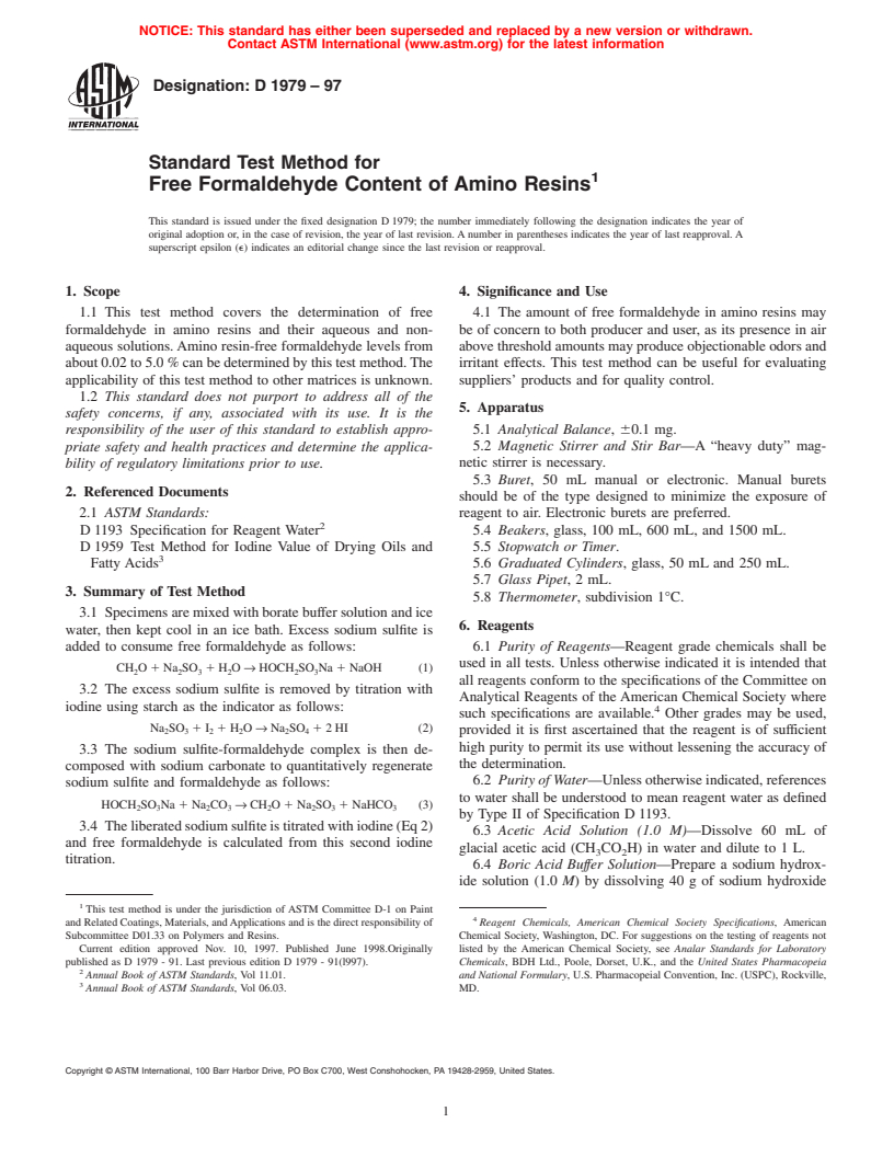 ASTM D1979-97 - Standard Test Method for Free Formaldehyde Content of Amino Resins (Withdrawn 2006)