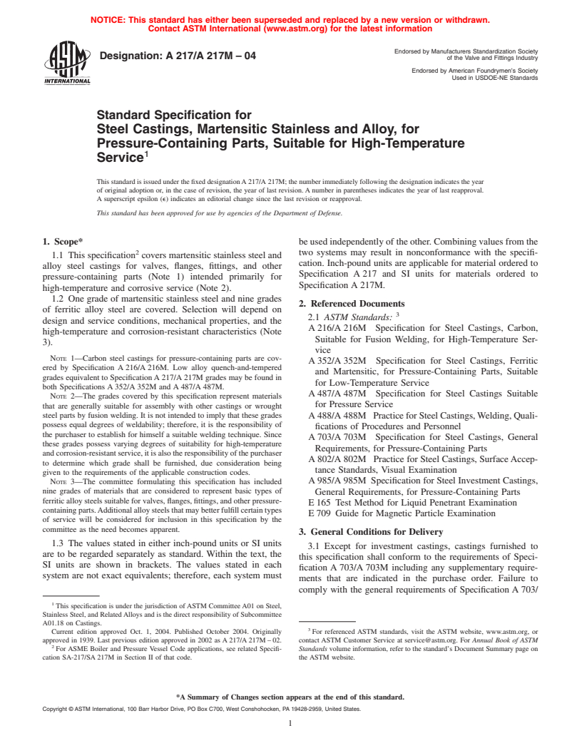 ASTM A217/A217M-04 - Standard Specification for Steel Castings, Martensitic Stainless and Alloy, for Pressure-Containing Parts, Suitable for High-Temperature Service