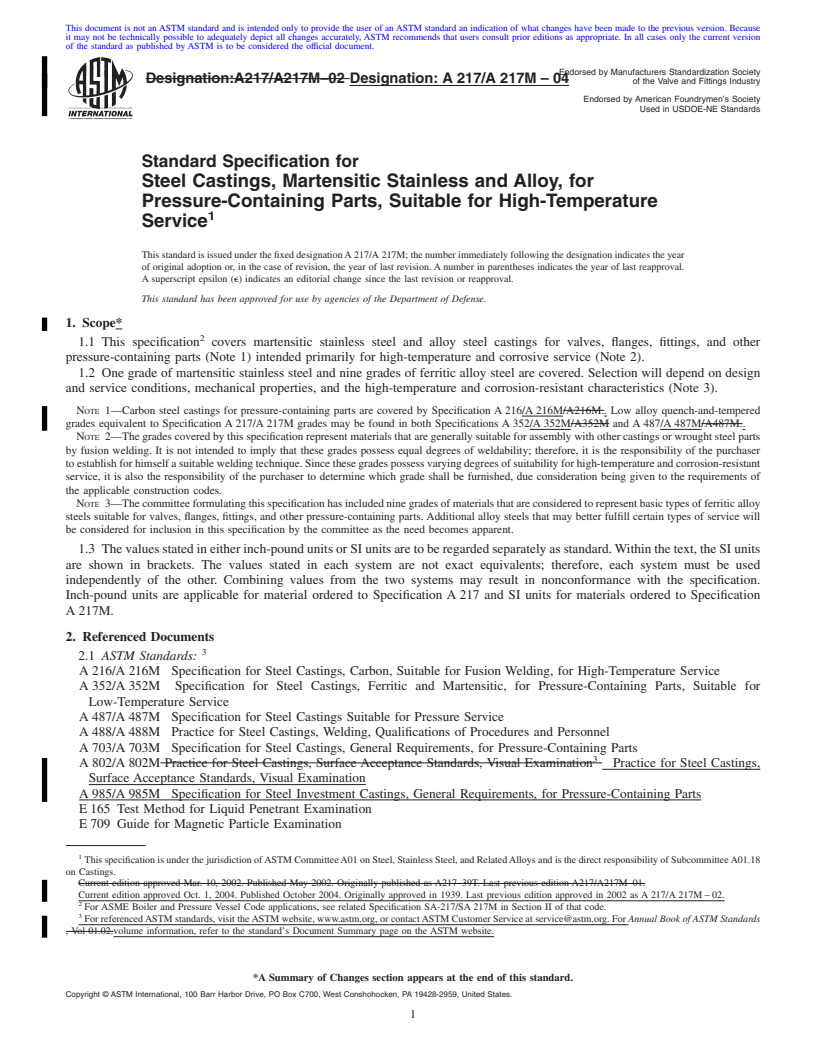 REDLINE ASTM A217/A217M-04 - Standard Specification for Steel Castings, Martensitic Stainless and Alloy, for Pressure-Containing Parts, Suitable for High-Temperature Service
