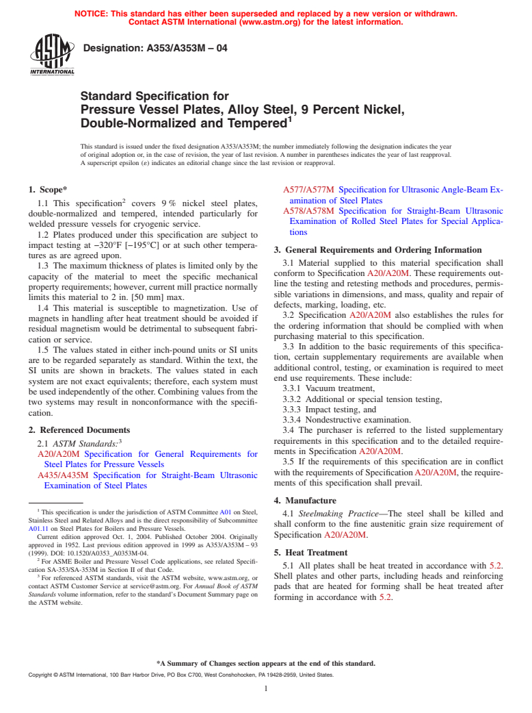 ASTM A353/A353M-04 - Standard Specification for Pressure Vessel Plates, Alloy Steel, 9 Percent Nickel, Double-Normalized and Tempered