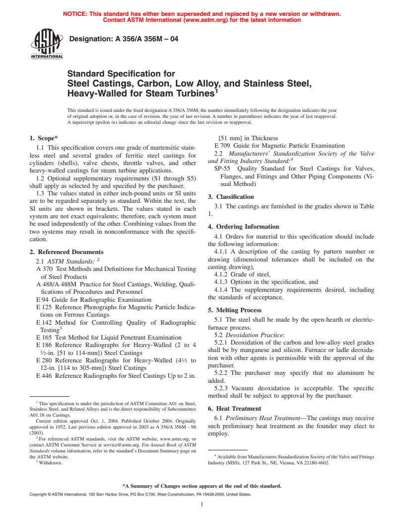 ASTM A356/A356M-04 - Standard Specification for Steel Castings, Carbon, Low Alloy, and Stainless Steel, Heavy-Walled for Steam Turbines