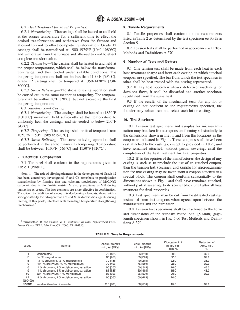 ASTM A356/A356M-04 - Standard Specification for Steel Castings, Carbon, Low Alloy, and Stainless Steel, Heavy-Walled for Steam Turbines