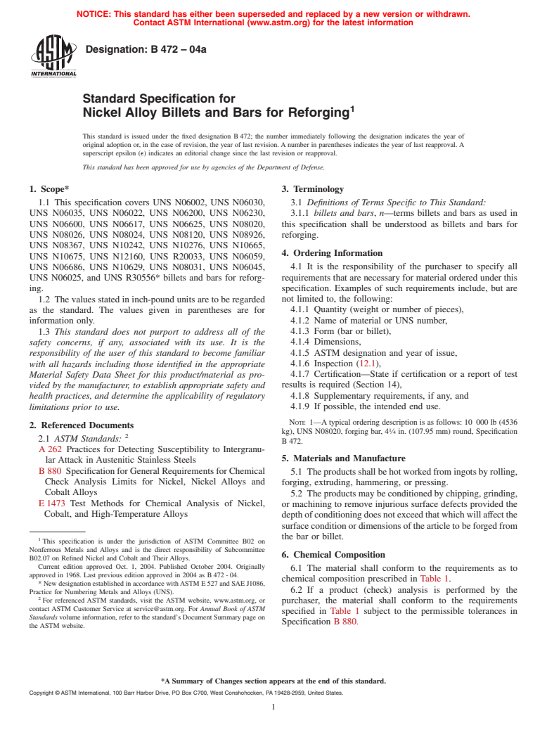 ASTM B472-04a - Standard Specification for Nickel Alloy Billets and Bars for Reforging