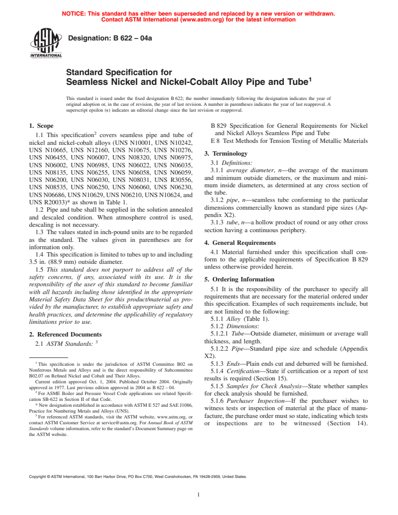 ASTM B622-04a - Standard Specification for Seamless Nickel and Nickel-Cobalt Alloy Pipe and Tube