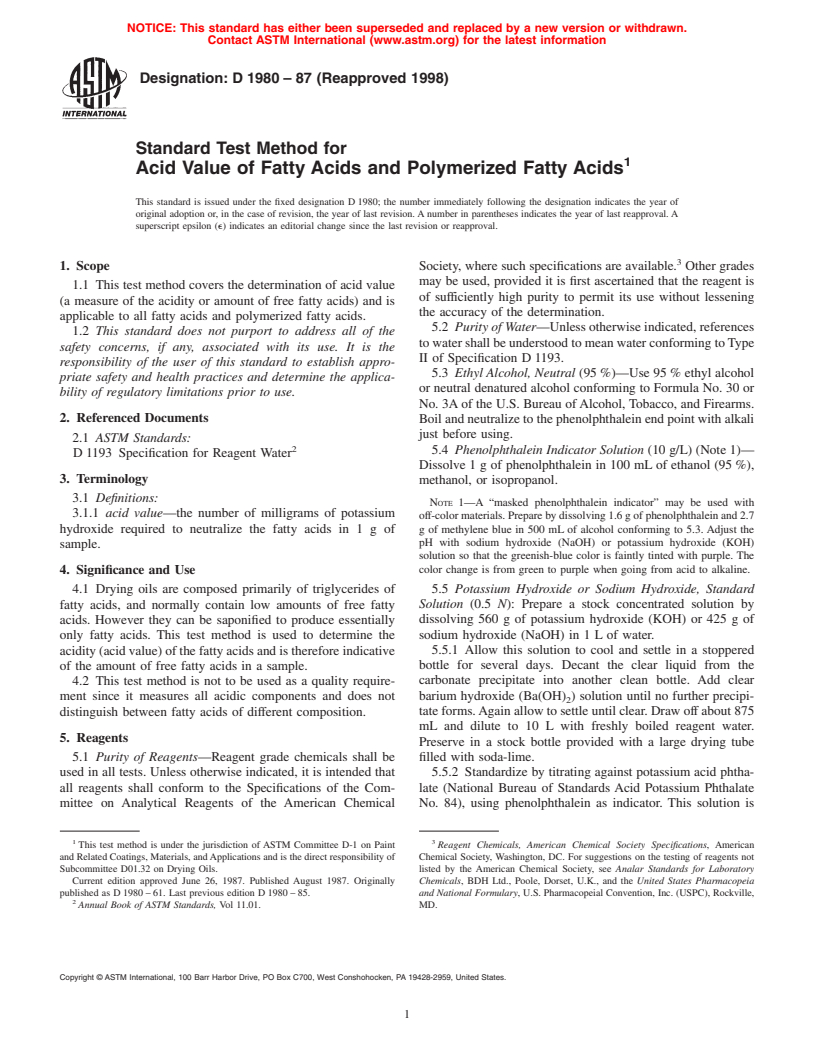 ASTM D1980-87(1998) - Standard Test Method for Acid Value of Fatty Acids and Polymerized Fatty Acids (Withdrawn 2007)