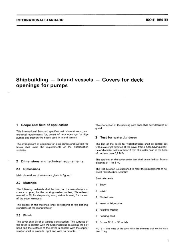 ISO 41:1980 - Shipbuilding -- Inland vessels -- Covers for deck openings for pumps