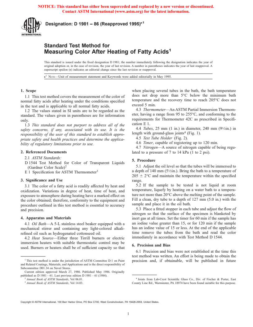 ASTM D1981-86(1995)e1 - Standard Test Method for Measuring Color After Heating of Fatty Acids