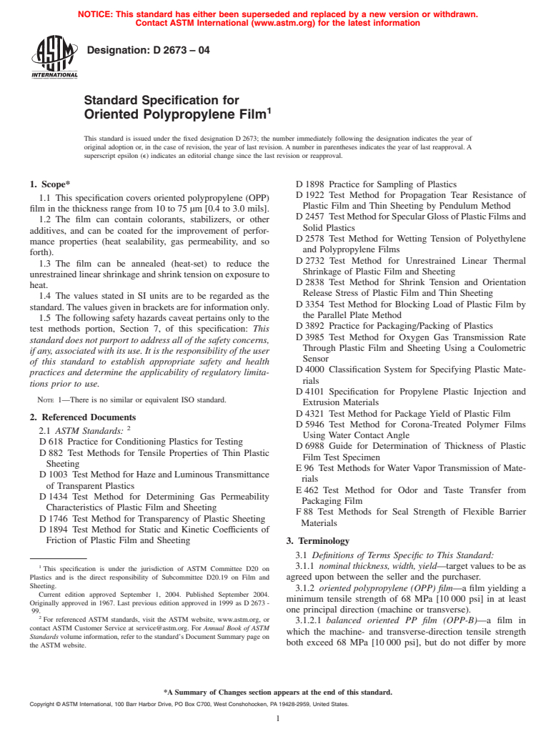 ASTM D2673-04 - Standard Specification for Oriented Polypropylene Film