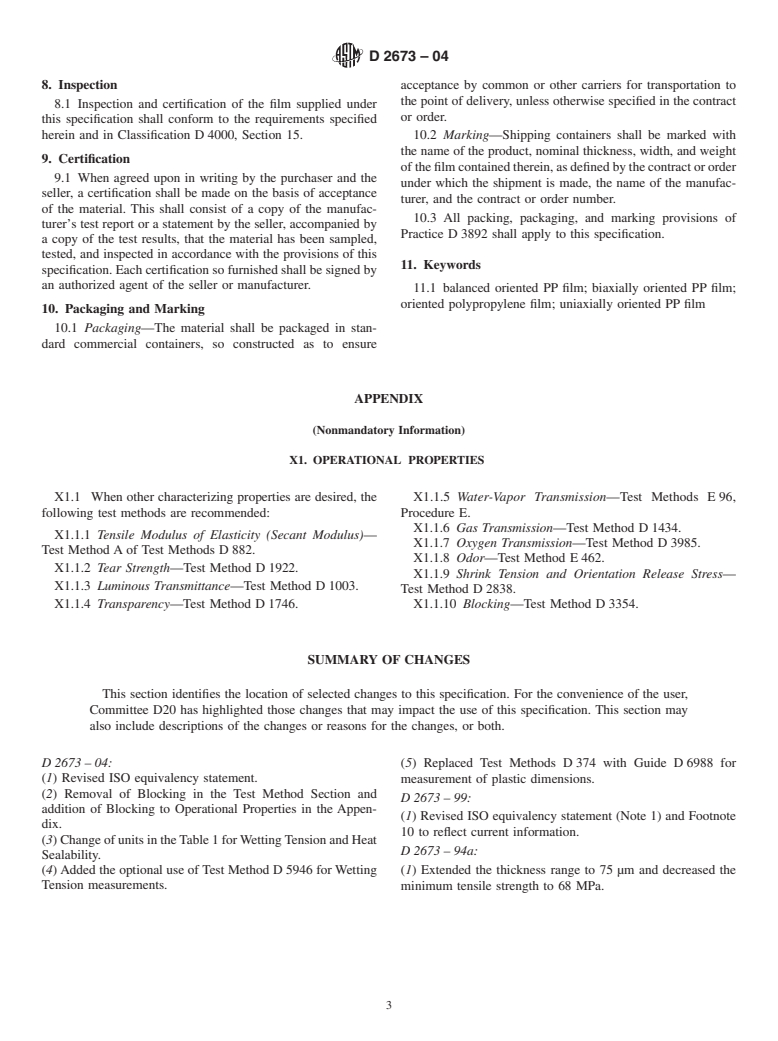 ASTM D2673-04 - Standard Specification for Oriented Polypropylene Film