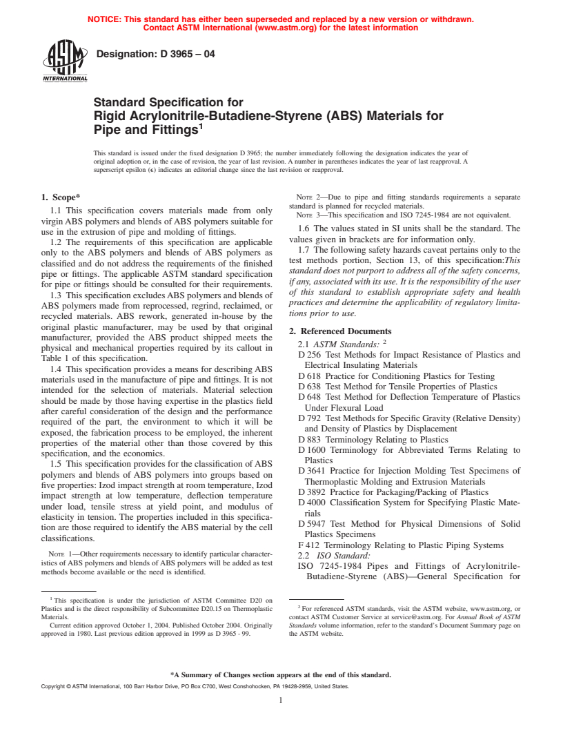 ASTM D3965-04 - Standard Specification for Rigid Acrylonitrile-Butadiene-Styrene (ABS) Materials for Pipe and Fittings