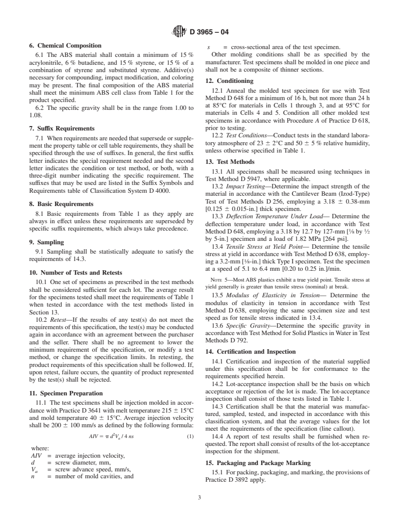 ASTM D3965-04 - Standard Specification for Rigid Acrylonitrile-Butadiene-Styrene (ABS) Materials for Pipe and Fittings