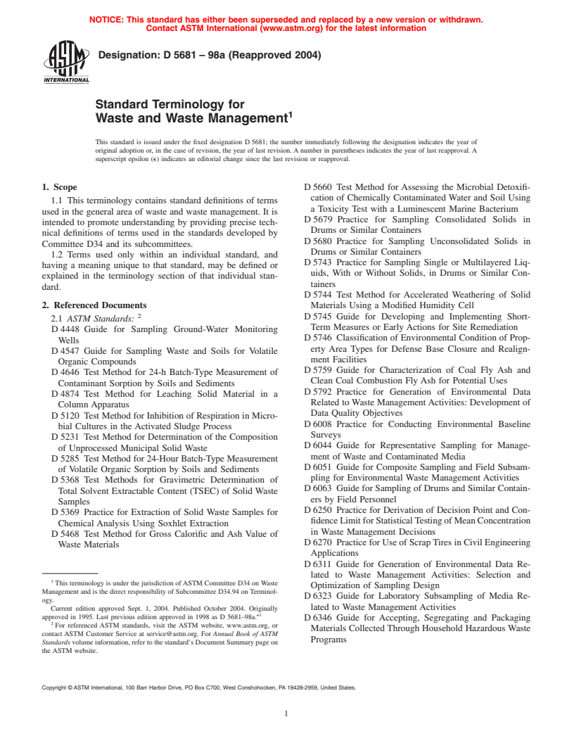 ASTM D5681-98a(2004) - Standard Terminology for Waste and Waste Management