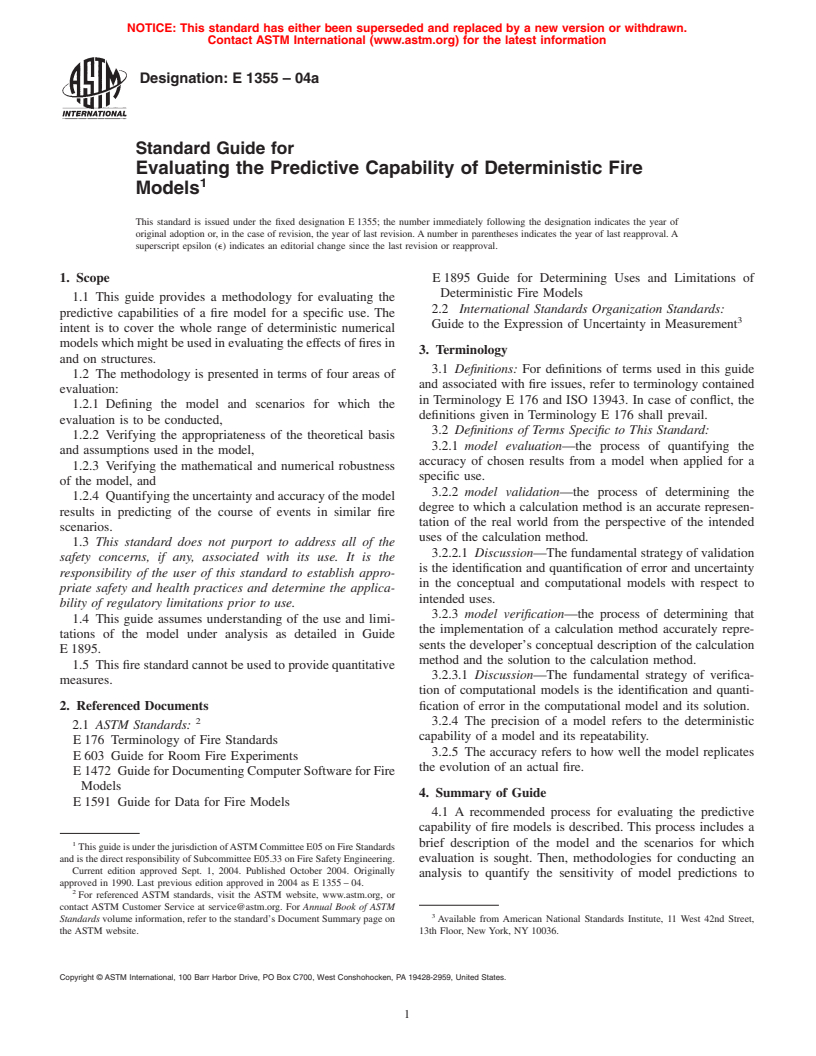 ASTM E1355-04a - Standard Guide for Evaluating the Predictive Capability of Deterministic Fire Models