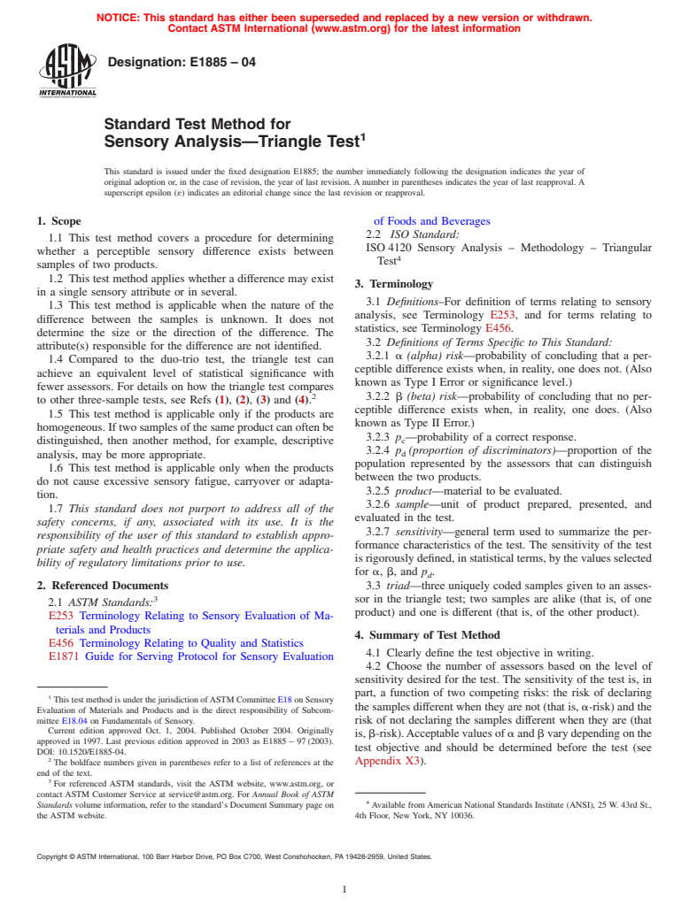 ASTM E1885-04 - Standard Test Method for Sensory Analysis&#8212;Triangle Test