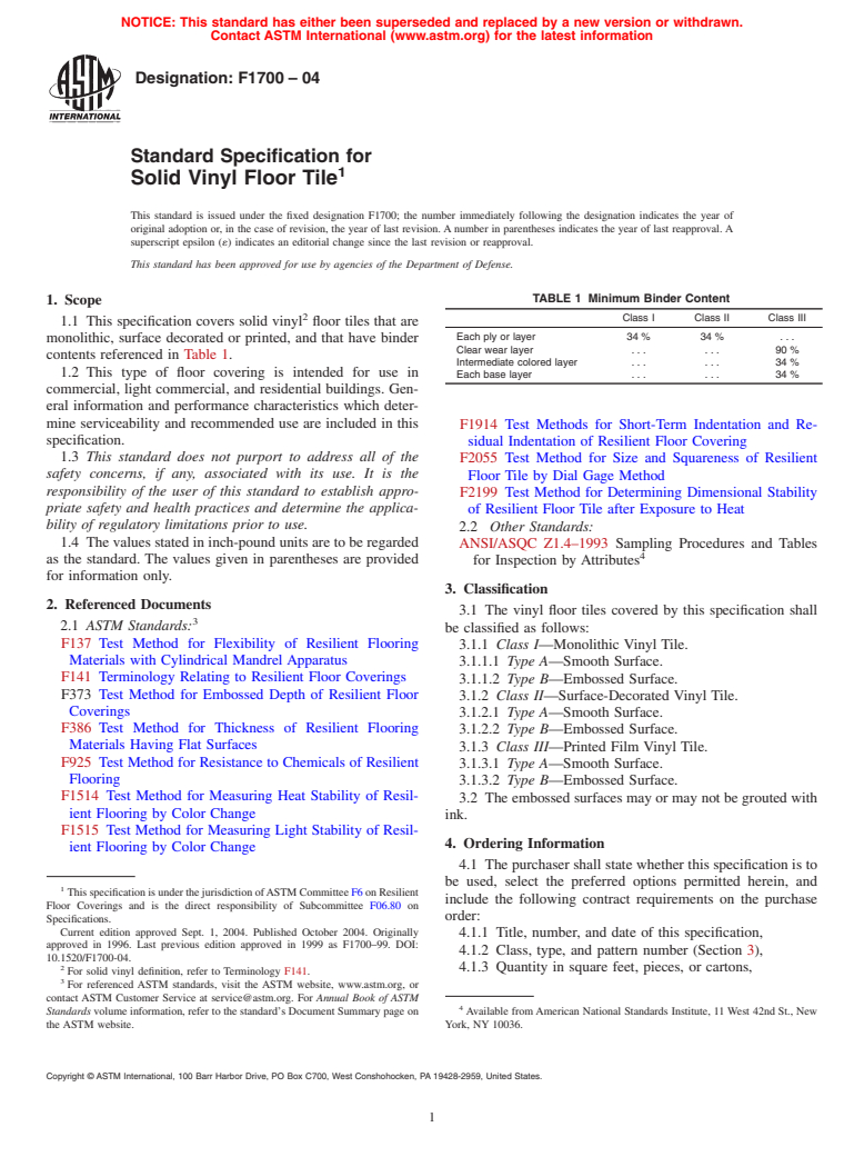 ASTM F1700-04 - Standard Specification for Solid Vinyl Floor Tile