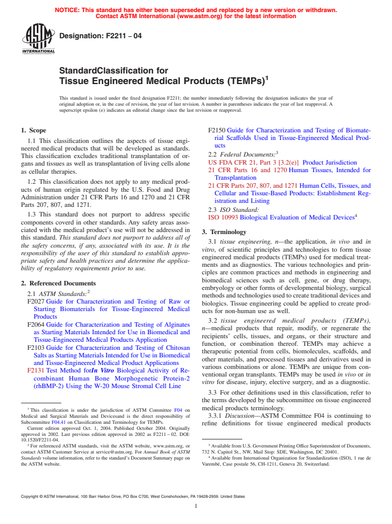 ASTM F2211-04 - Standard Classification for Tissue Engineered Medical Products (TEMPs) (Withdrawn 2013)