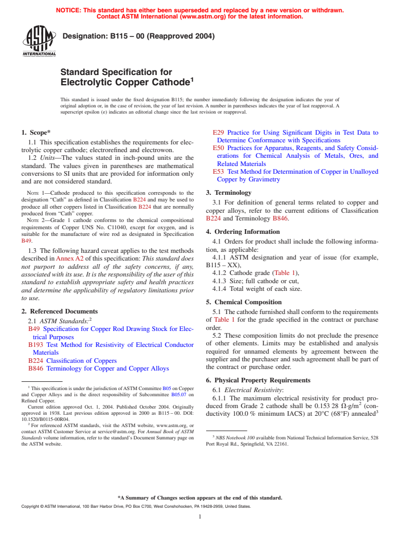 ASTM B115-00(2004) - Standard Specification for Electrolytic Copper Cathode