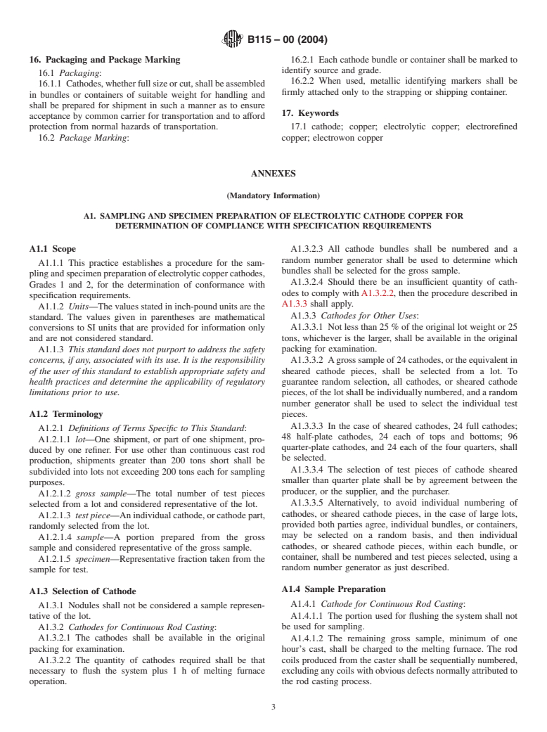 ASTM B115-00(2004) - Standard Specification for Electrolytic Copper Cathode