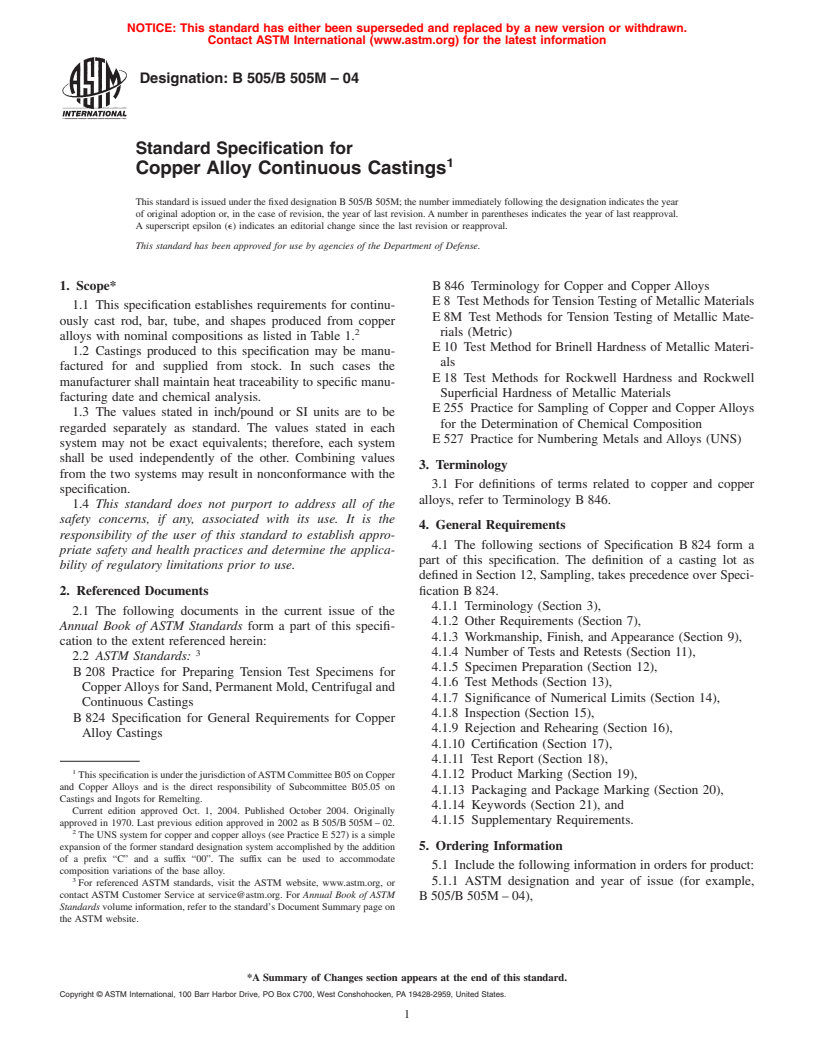 ASTM B505/B505M-04 - Standard Specification for Copper-Base Alloy Continuous Castings