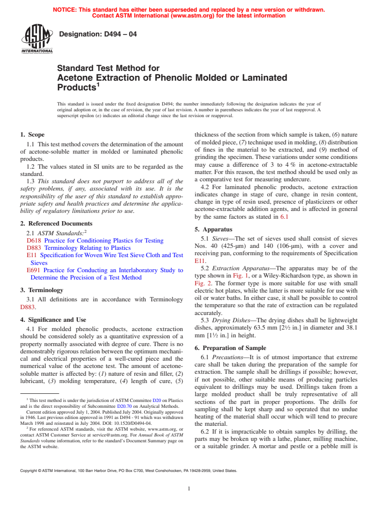 ASTM D494-04 - Standard Test Method for Acetone Extraction of Phenolic Molded or Laminated Products