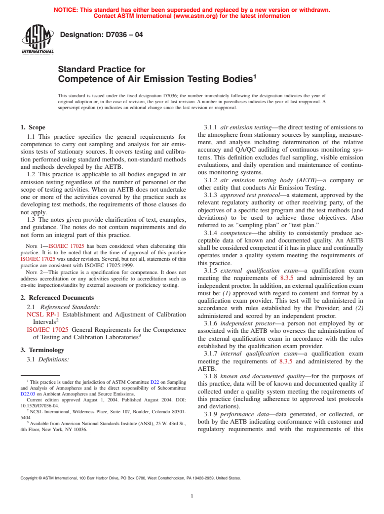 ASTM D7036-04 - Standard Practice for Competence of Air Emission Testing Bodies