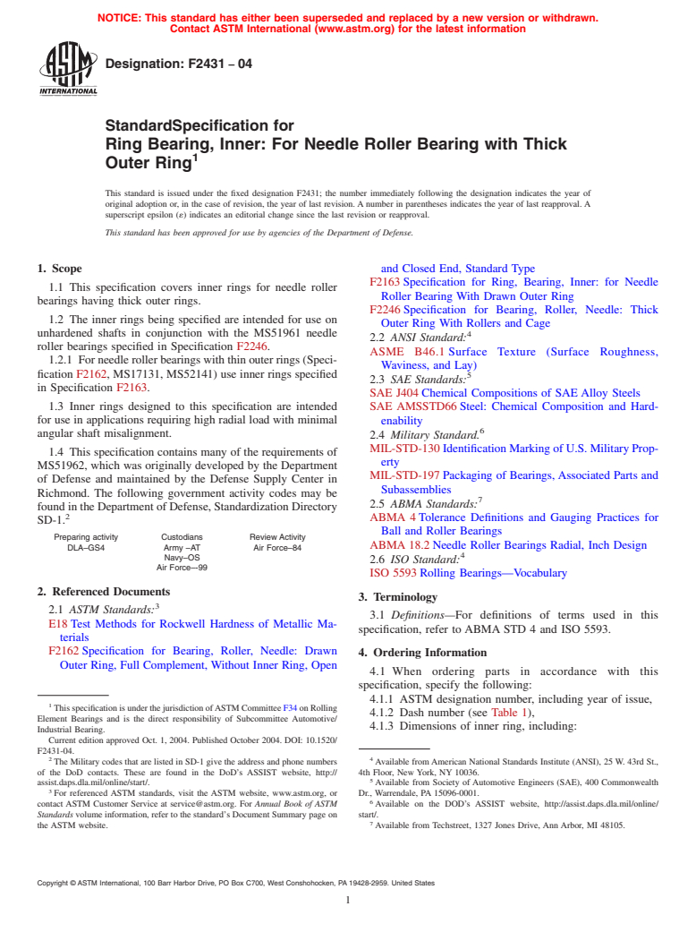 ASTM F2431-04 - Standard Specification for Ring Bearing, Inner: For Needle Roller Bearing with Thick Outer Ring