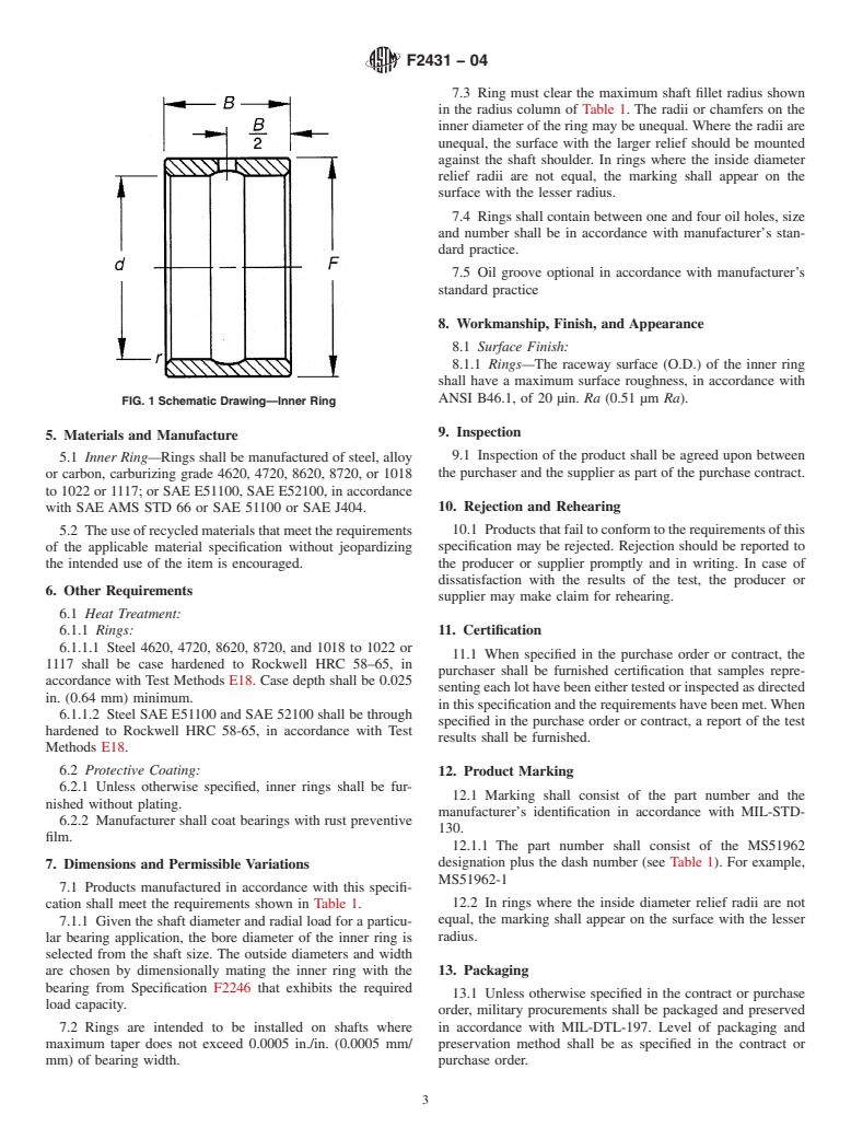 ASTM F2431-04 - Standard Specification for Ring Bearing, Inner: For Needle Roller Bearing with Thick Outer Ring