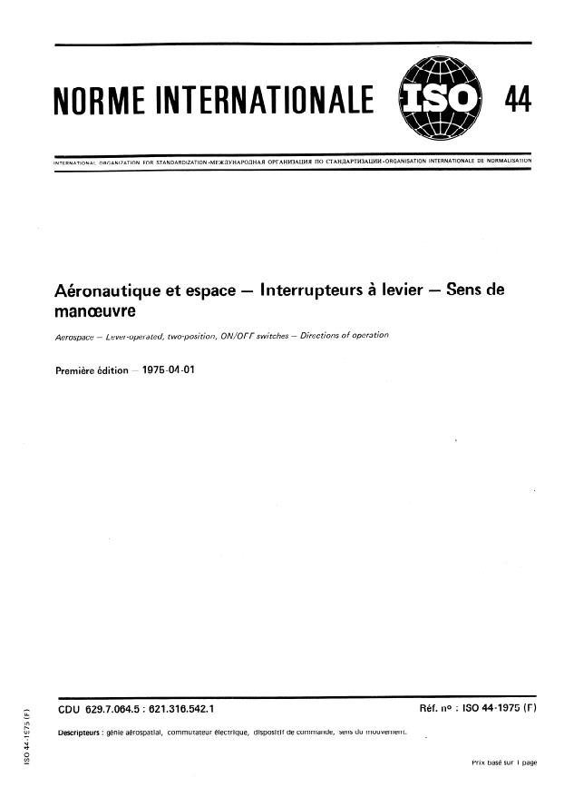 ISO 44:1975 - Aéronautique et espace -- Interrupteurs a levier -- Sens de manoeuvre