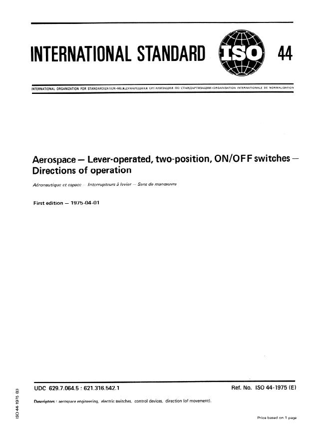 ISO 44:1975 - Aerospace -- Lever-operated, two-position, ON/OFF switches -- Directions of operation