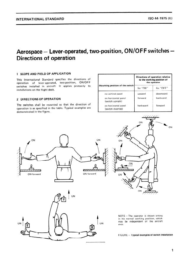 ISO 44:1975 - Aerospace -- Lever-operated, two-position, ON/OFF switches -- Directions of operation