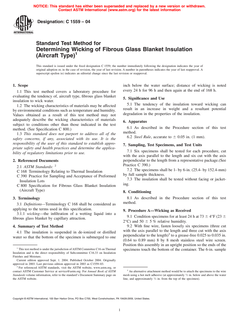 ASTM C1559-04 - Standard Test Method for Determining Wicking of Glass Fiber Blanket Insulation (Aircraft Type)