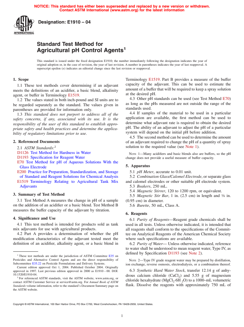 ASTM E1910-04 - Test Method for Agricultural pH Control Agents