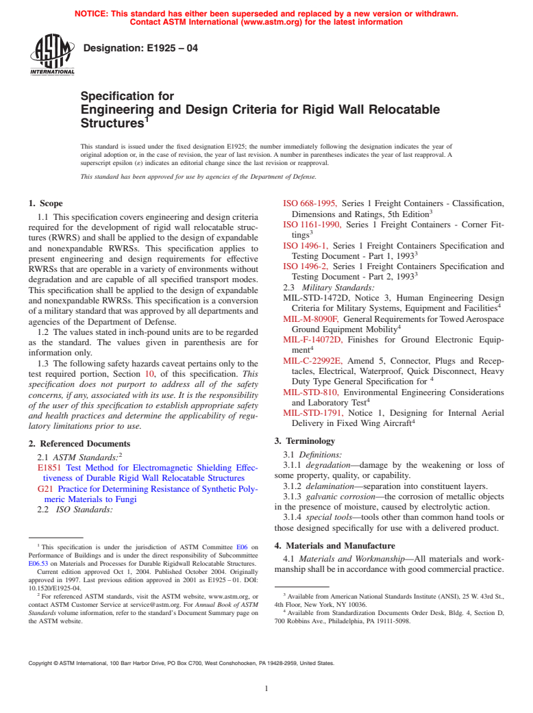 ASTM E1925-04 - Specifiction for Engineering and Design Criteria for Rigid Wall Relocatable Structures